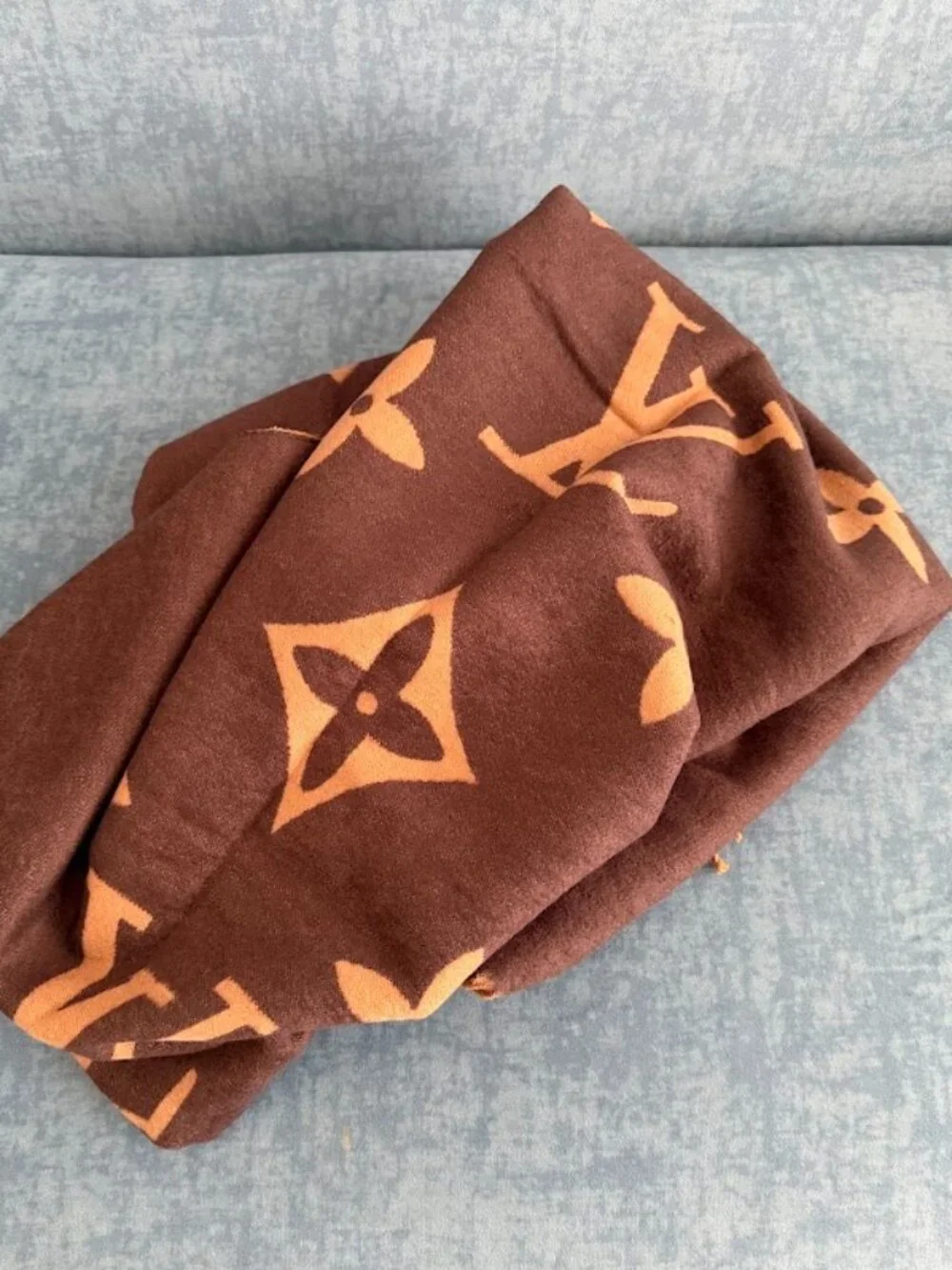Brown Tan Reversible Monogram Oversized Scarf Shawl Wrap Fringe Luxury Style